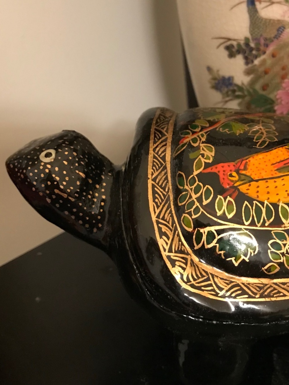 Unique Hand-Painted Black Lacquer Turtle Trinket Box – Birds Design Folk Art